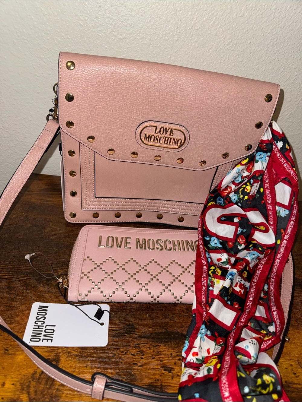 Love Moschino Pink Leather Crossbody Bag with Matching Pink Wallet and Scarf